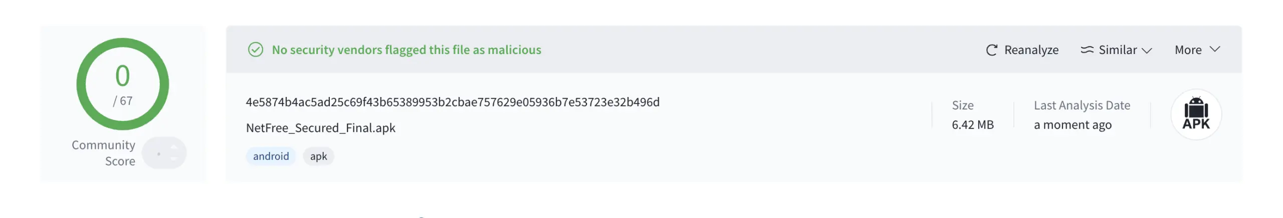 virust total (Zero Vendor 100 % Secured Netmirror APK)