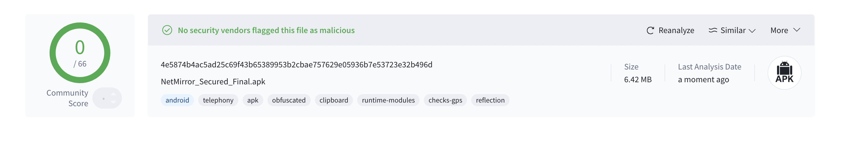 NetMirror VirusTotal Safe APK Scan - June 7, 2025